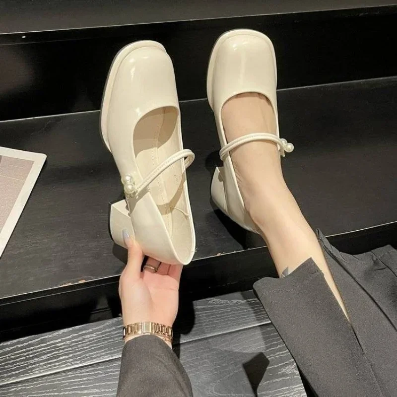 

With Medium Heels Block Heel Pearl Gothic Ladies Footwear Square Toe Women's Shoes Shallow Japanese Style Lolita Chunky White A