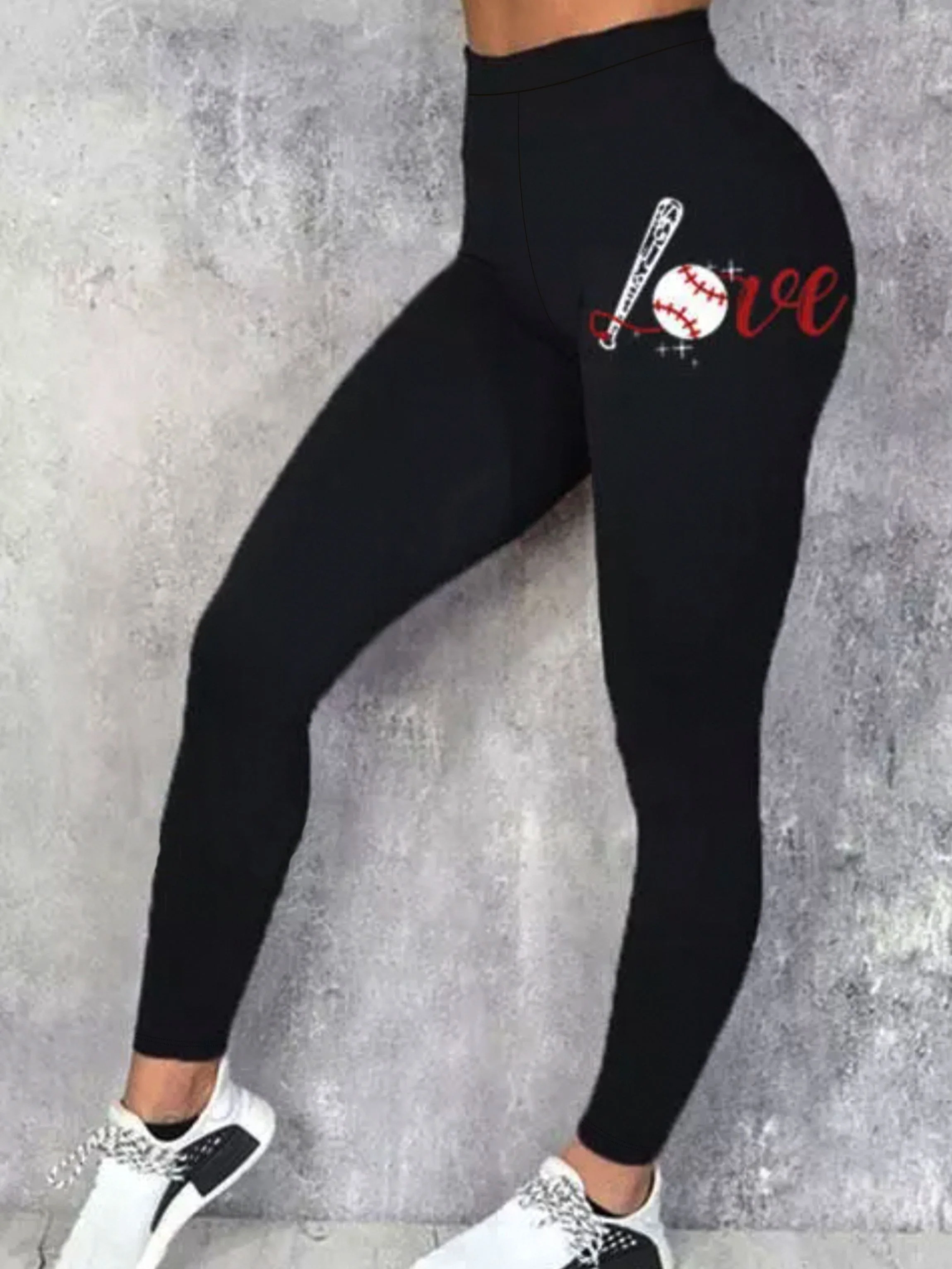 

[Baseball Print Leggings] Casual High Waist Baseball Print Leggings - Women's Skinny Stretchy Clothing