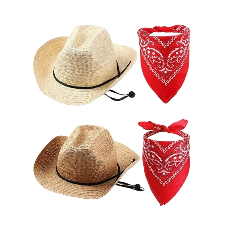 Fashion Panama Hat Bandanas Set Music Festival Cowgirl Straw Hat for Outdoors