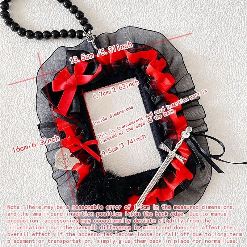 Handmade photocard holder and badge display frame, beaded chain, satin ruffle, faux‑fur pom‑pom, bow metal accents, clear PVC for 3‑inch collectible cards and badges, protective hobby display case - view 6