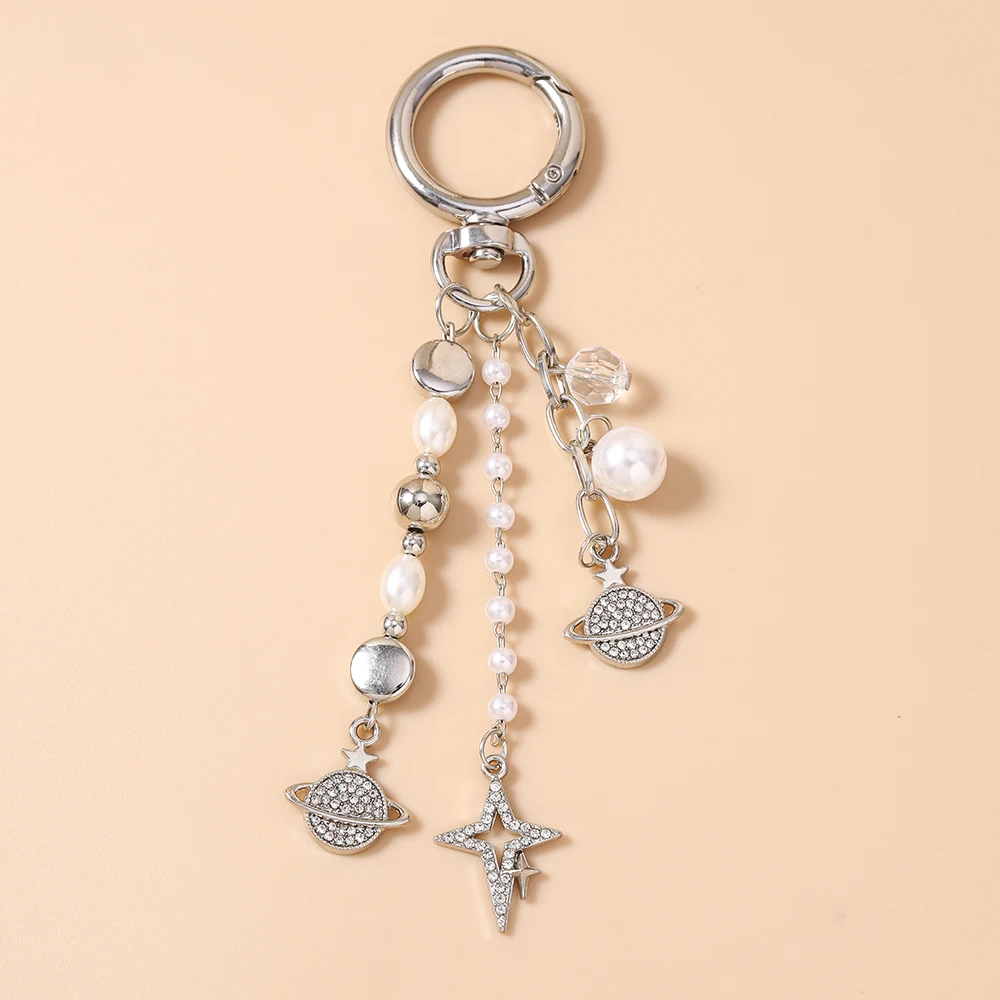 Aihua Niedlicher Kristall-Stern Schlüsselanhänger Perlen-Eiffelturm Schlüsselring Anhänger für Frauen Mädchen Handtaschen-Deko Charms DIY Schmuck – Detail 7