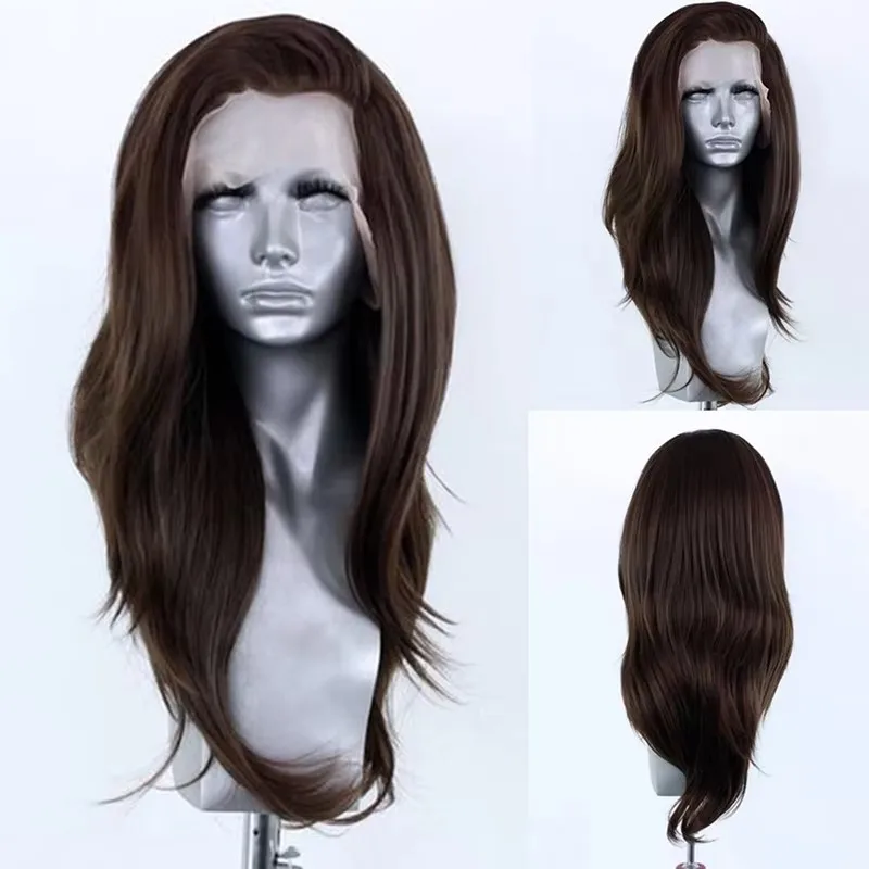 Synthetic Hair Dark Brown  Long Wavy Pre Plucked 13x4 Lace Front Wigs for Black Women Glueless Cosplay Daily Wear Fiber Wigs