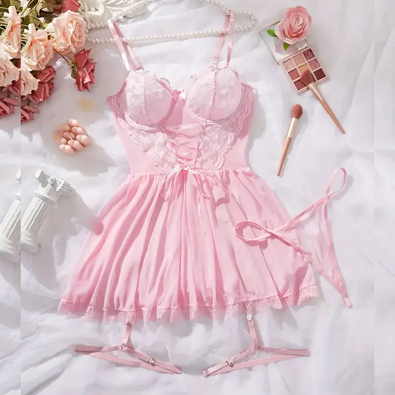 الوردي لطيف G-سلاسل مجموعة الملابس الداخلية فستان سهرة المثيرة Sexi Lenceria الحمالات رقيقة جدا الملابس الداخلية النساء الساخن شبه شير ثوب النوم