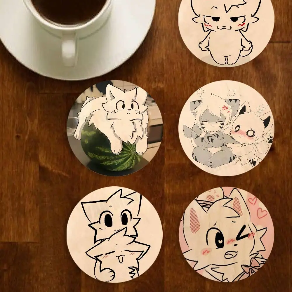 Anime B-Boykissers Silly Cat Wooden Coaster Round Anti-Scald Anti-Slip Properties for Home Tabletop Coffee shop Decor