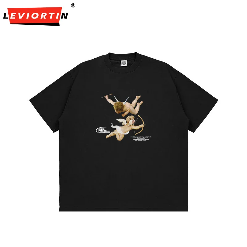 تي شيرت بأكمام قصيرة بطبعة ملاك على الطراز العالمي للرجال والنساء ، ملابس علوية متعددة الاستخدامات بسيطة وغير رسمية ، تي شيرت من القطن الخالص ، ملابس شارع صيفية