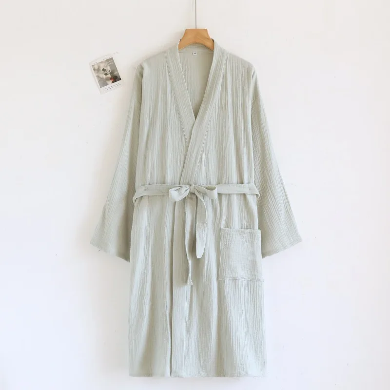 2025 New Spring and Autumn Couple Sleeping Robe 100% Cotton Crepe Bathrobe Large Solid Color Home Robe Robes for Women