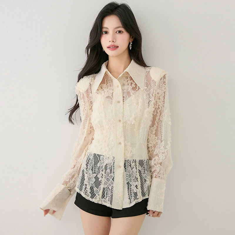 

Sexy Hollow Out Lace Shirts For Women Elegant Office Lady Long Shirt Turn-down Collar Women Tops Fashion Women's Clothing