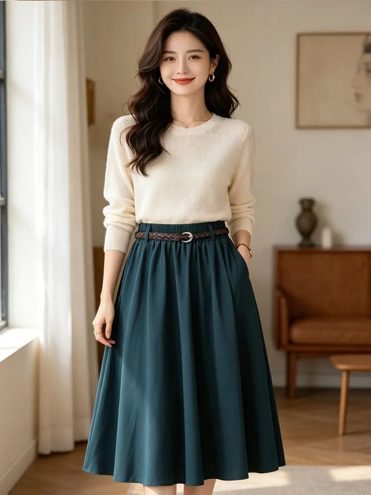 

Spring and summer new pleated slim fit straight tube mid length skirt