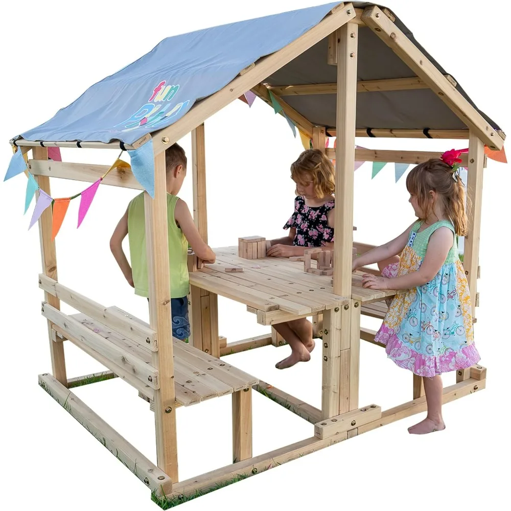 

Outdoor Playhouse with Table & Benches, Multifunctional Toy for Fun Play & Learning, Easy to Assemble Backyard Playground Set