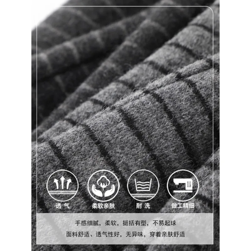 سروال كاجوال صوف مخطط باللون الرمادي للنساء والشتاء، مقاس فضفاض أنيق، يغطي الورك، مقاس نحيف ومستقيم الساق