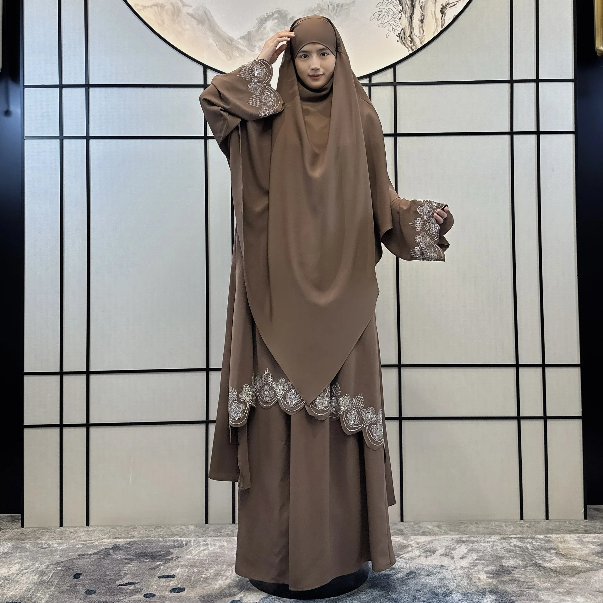 Eid Ramadan Three Piece Set Diamonds Prayer Abaya for Women Khimar Hijab Dress Skirt Muslim Kaftan Robe Islam Clothing Arabic