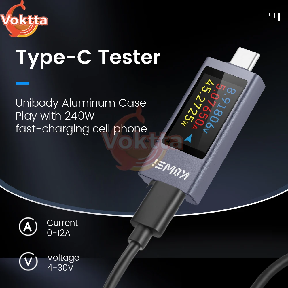 KWS-2303C Type-C Tester DC Voltmeter Ammeter DC 4-30V 0-12A Current and Voltage Test Monitor Power Meter Battery Capacity Tester