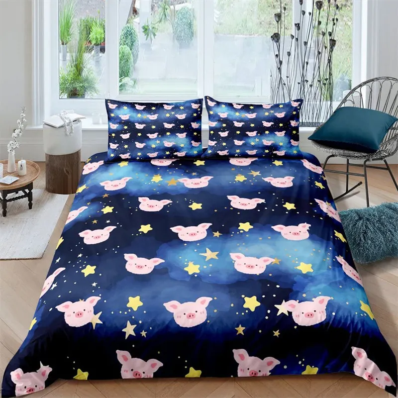 Cartoon Lovely Pig Duvet Cover Kawaii Animals Bedding Set King Microfiber Farmhouse Wildlife Theme Comforter Cover Pillowcases