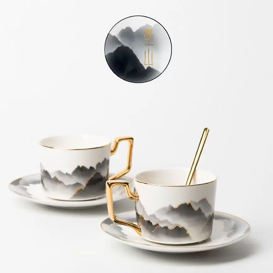 Ink Wash Mountain Ceramic Coffee Cup & Saucer Set with Spoon, New Chinese Guochao Tea Cup, Hand Painted Gold Light Luxury Gift
