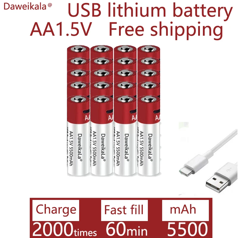 1.5V akumulator AA 5500mAh USB akumulator AA bateria litowo-polimerowa szybkie ładowanie przez kabel USB typu C