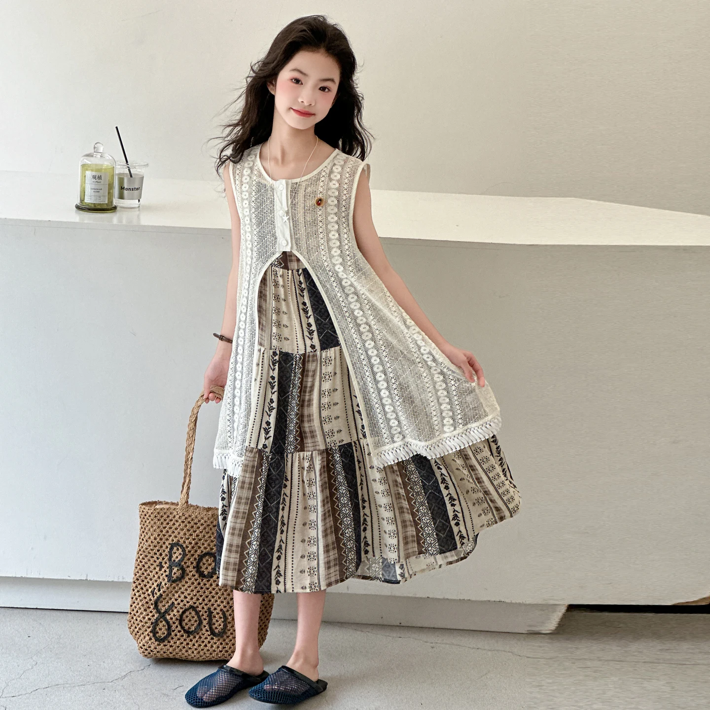 2PCS Kids Girls Bohemian Tiered Dress Set Lace Vest Sleeveless Printed Maxi Dress Cover Up, Casual Summer Outfit for Girls 6-12Y
