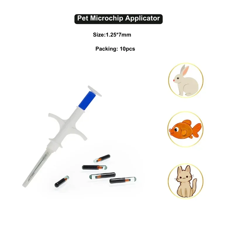 ISO 11784/5 FDX-B RFID Microchip 10-Pack - 1.25x7mm Bioglass Tags with Preloaded Injectors