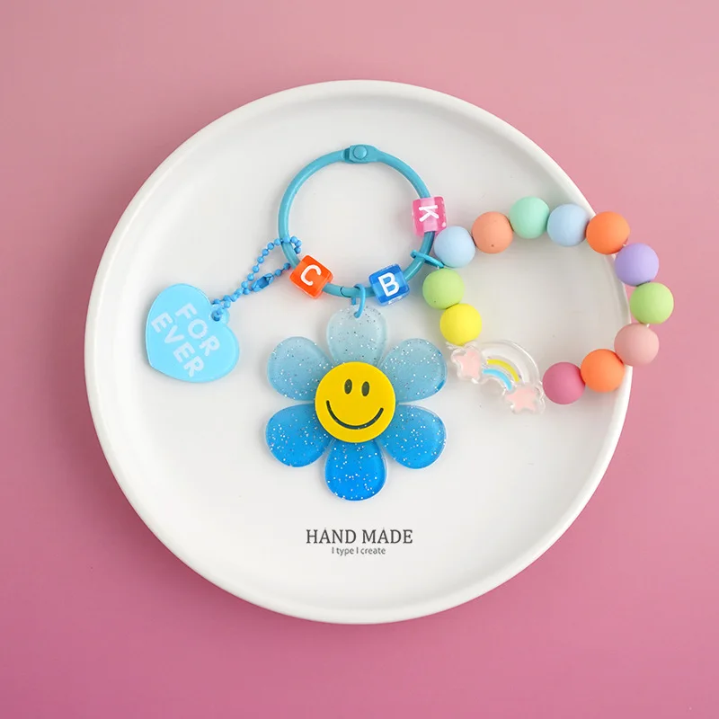 Cute Candy Color Flowers Fashion Letter Gradient Heart Car Chain Pendant Bag Jewelry Gift Decoration Accessories