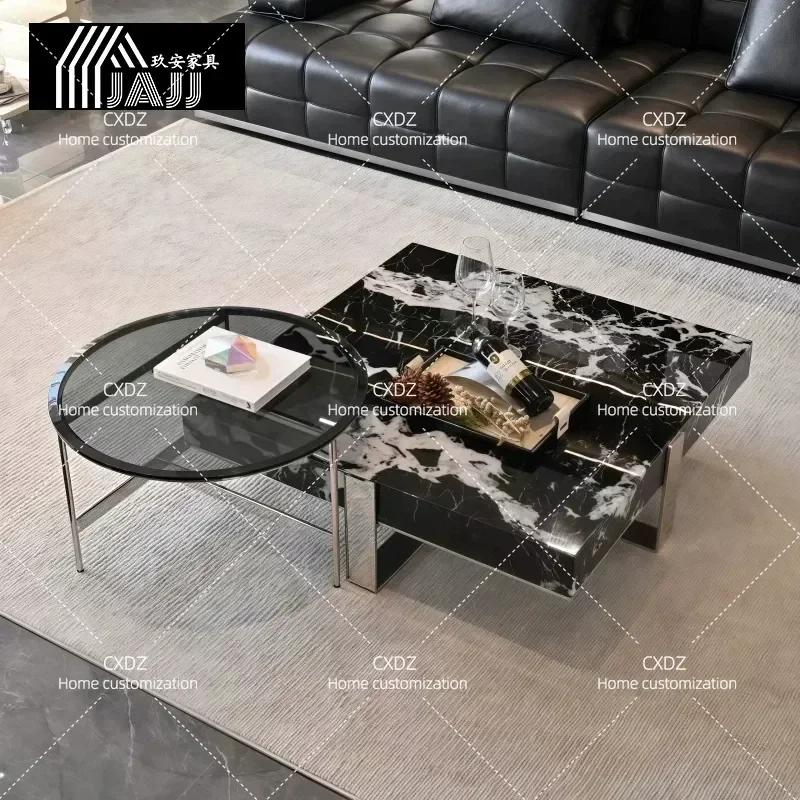 Italian Minimalist Black Square Coffee Table Set for Living Room High End Natural Stone Luxury Home Furniture Modern Design