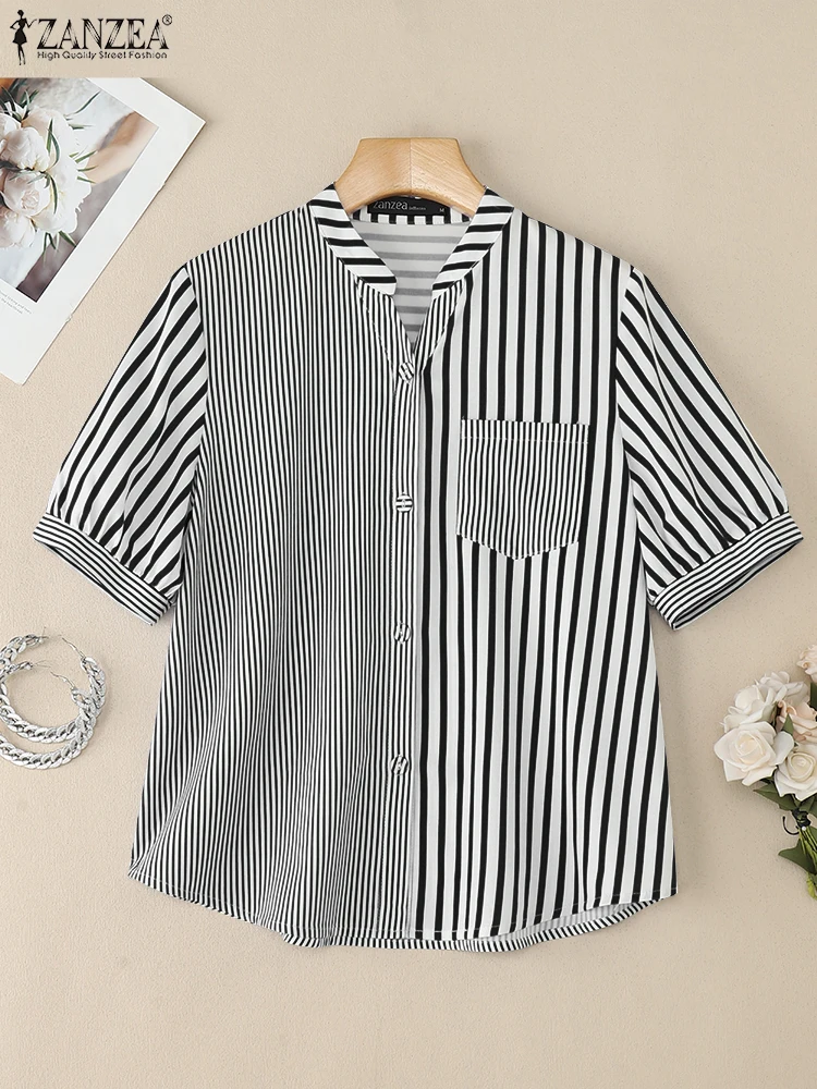 بلوزة نسائية صيفية للعمل OL 2025 قميص مخطط للمكتب من ZANZEA قمصان عصرية بأكمام قصيرة وأزرار وياقة ثابتة بلوزات نسائية