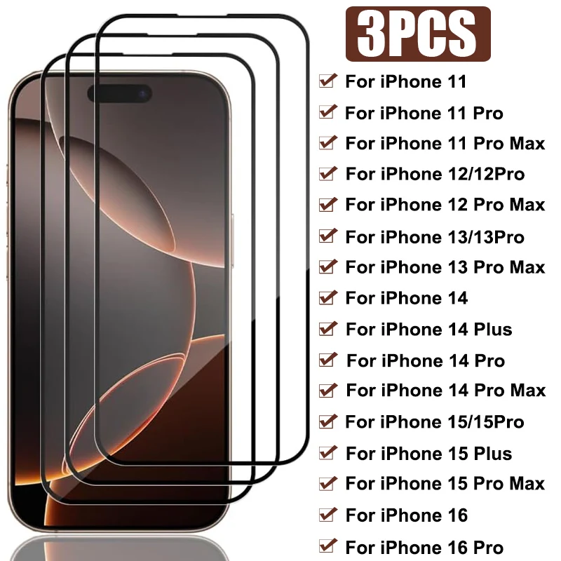 

3PCS Full Tempered Glass For iPhone 16 15 Pro Max 15 Plus Screen Protector on for iPhone 11 12 13 14 Pro Max 13 Mini Glass Film