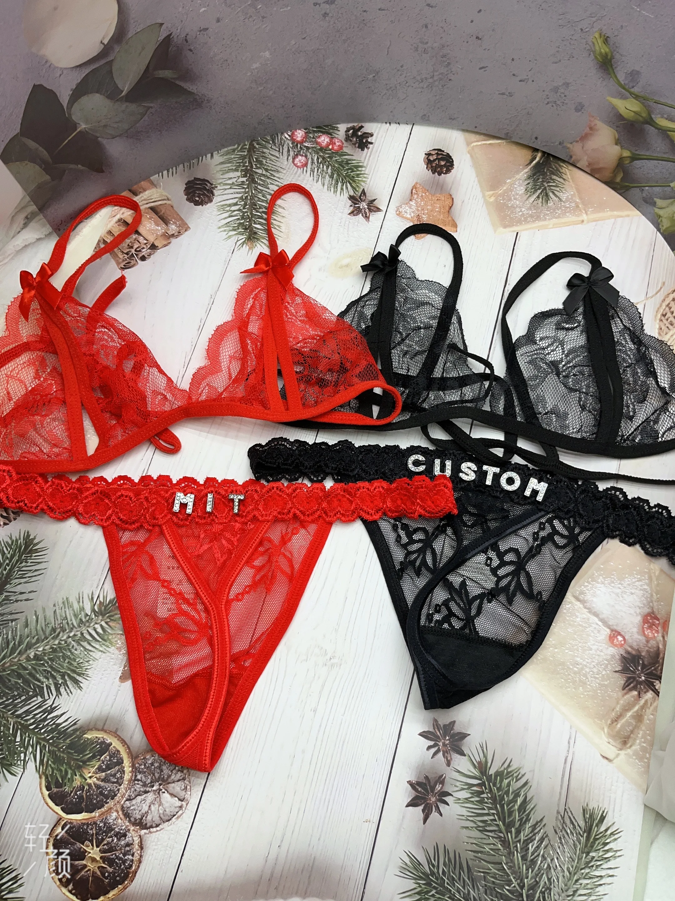 Custom Lingerie Thong With Name Bikinis Sets For Women Sexy Bra G-string Crystal Letters Valentine\'s Day Gift Underwear Outfit