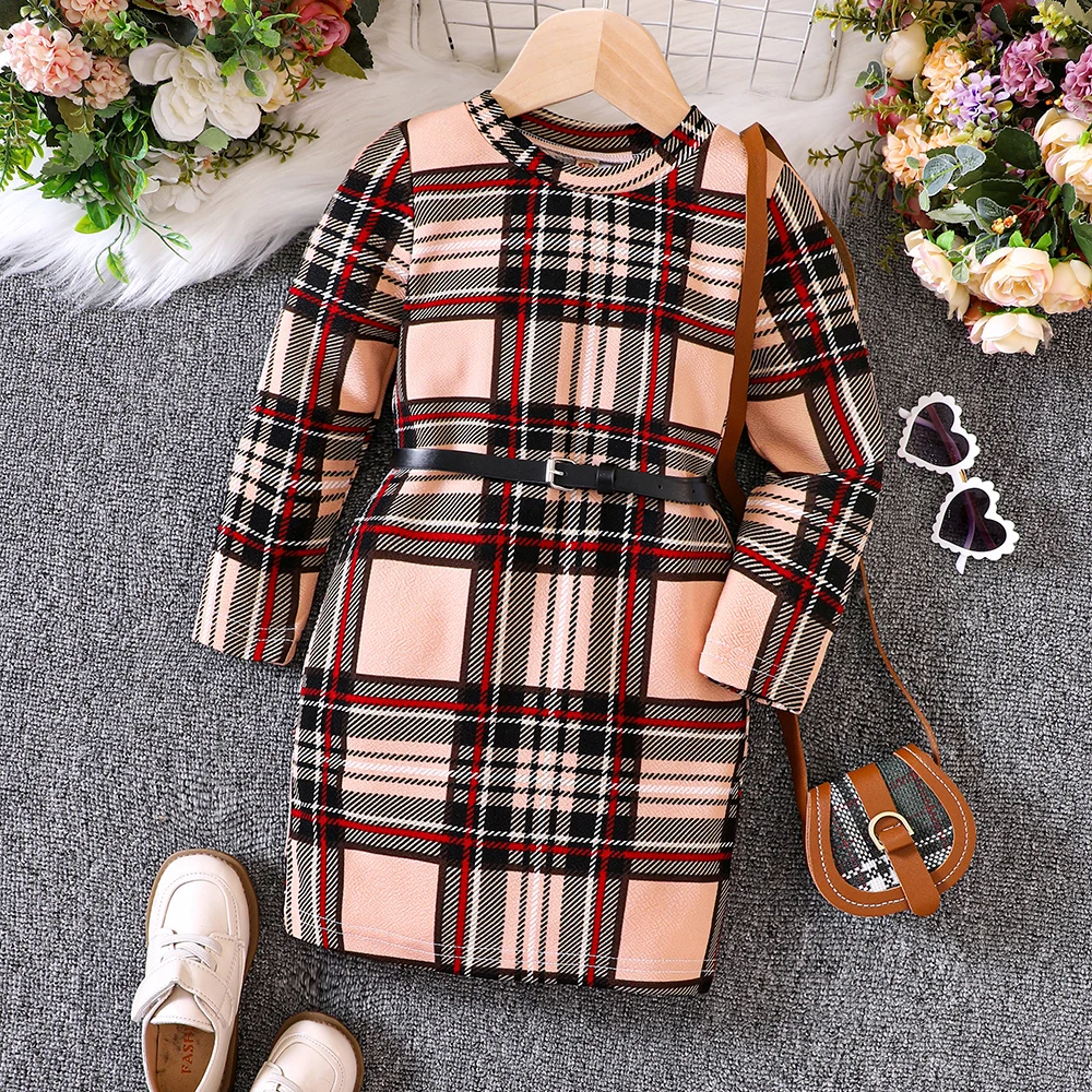 Girls' Spring and Autumn New Checkered Slim Fit Dress with Belt