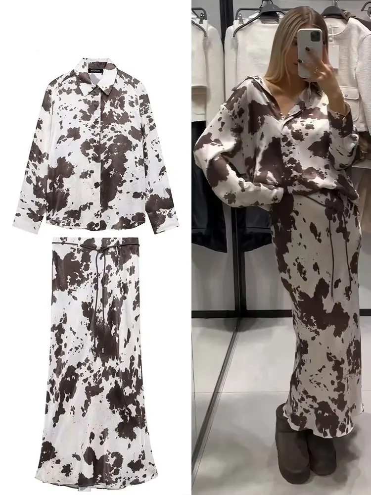

Элегантный женский комплект из 2 предметов, рубашка с шелковой текстурой и принтом, топ 2024, весенняя новая модная повседневная женская юбка-миди, женские наряды