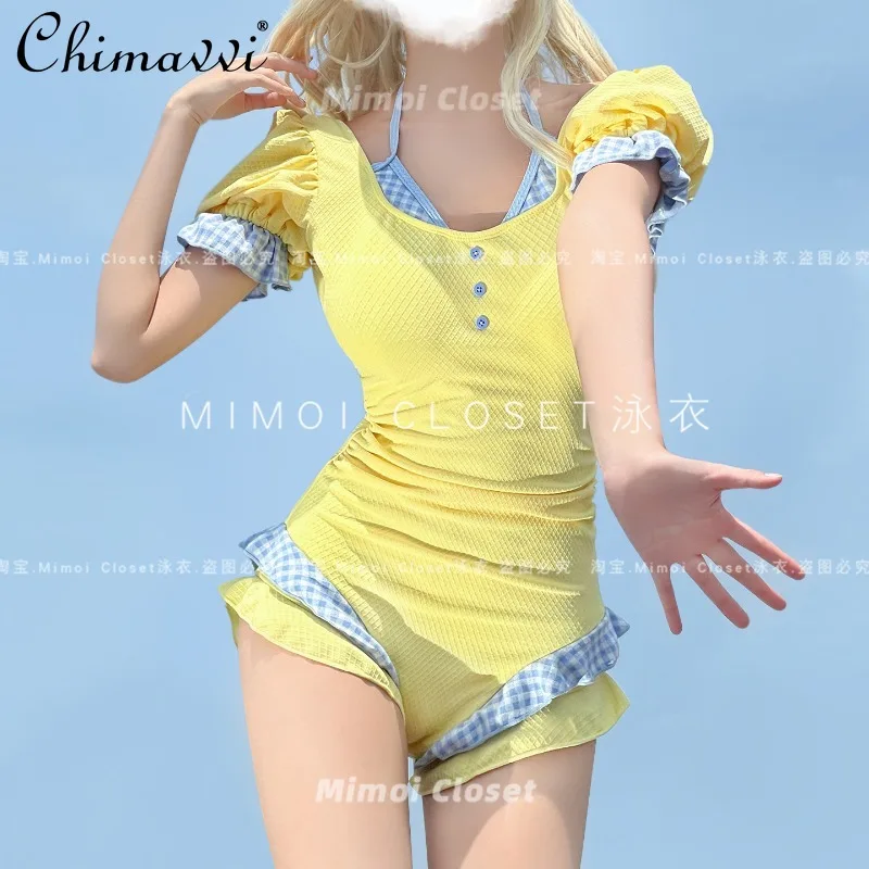 ربيع وصيف جديد النمط الياباني الحلو الليمون الأصفر نفخة الأكمام منقوشة قطعة واحدة الرغبة النقية لطيف فتاة سليم صالح Kawaii ملابس السباحة #2