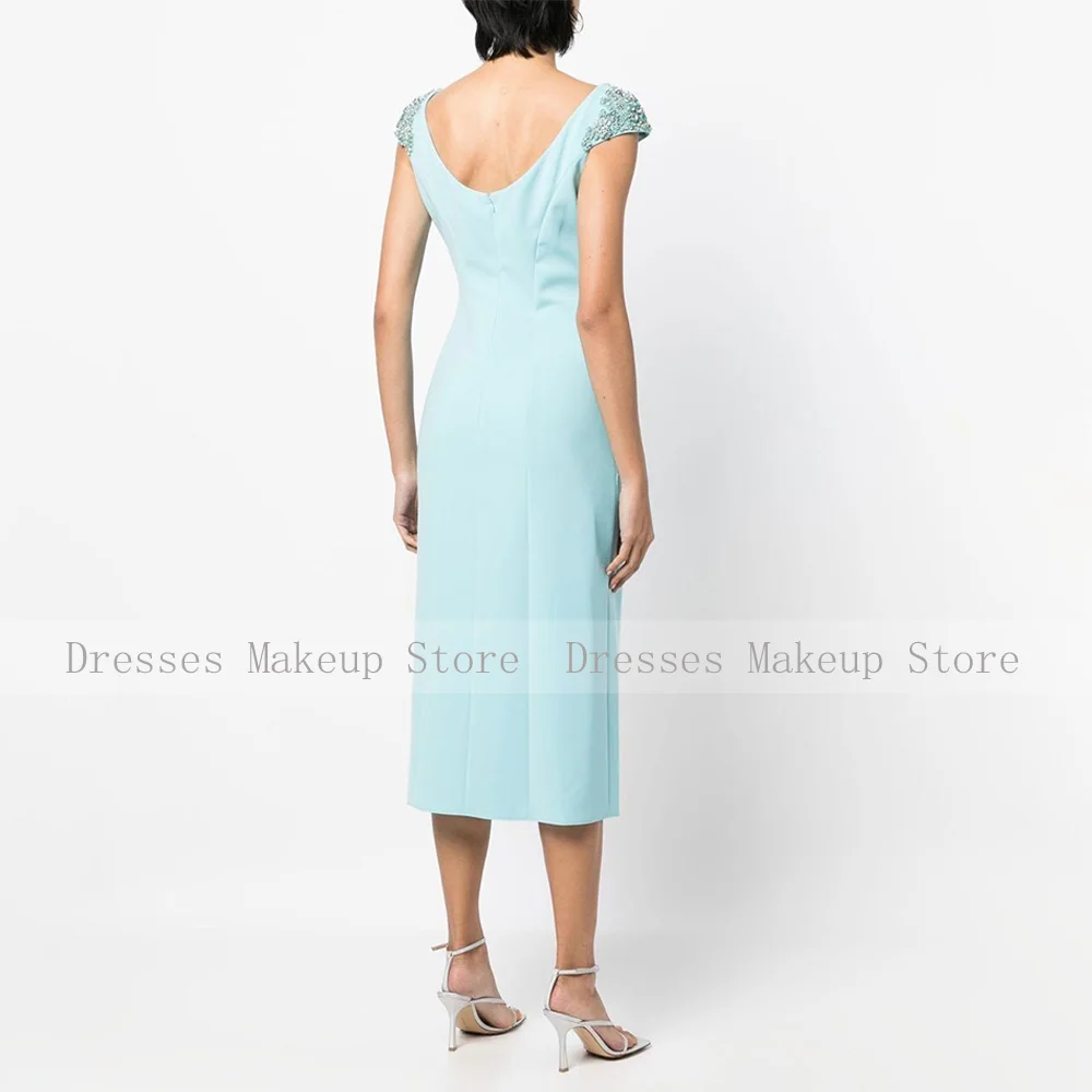 Short Evening Party Dresses Mint Crystal Scoop Cap Sleeves Luxury Cocktail Gowns for Women 2024 Tea Length Column Cocktail Dress