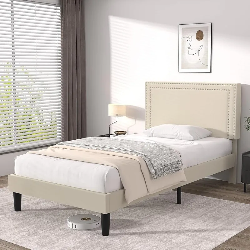 

VECELO Platform Bed Frame w/ Height Adjustable Upholstered Headboard, Modern Mattress Foundation, No Box Spring Needed