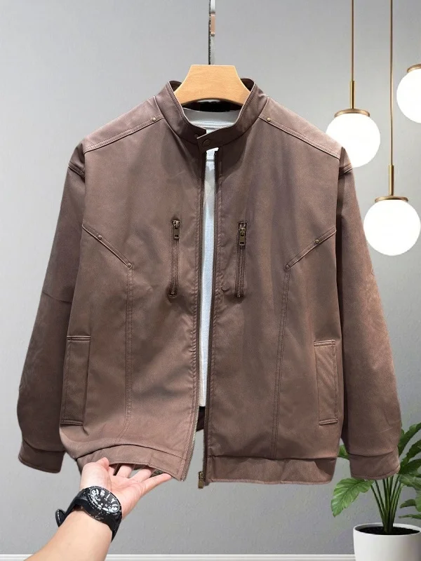 

Spring Autumn Men's Biker Sle Brown Leather Jaet Revere Collar Zipper Closure Casual Faion High End PU Leather Coat