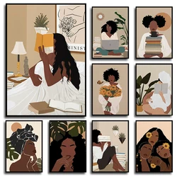 African Black Girl Reading Book Flower Feminism Modern Posters and Prints Canvas Printing Wall Art Picture for Living Room Decor