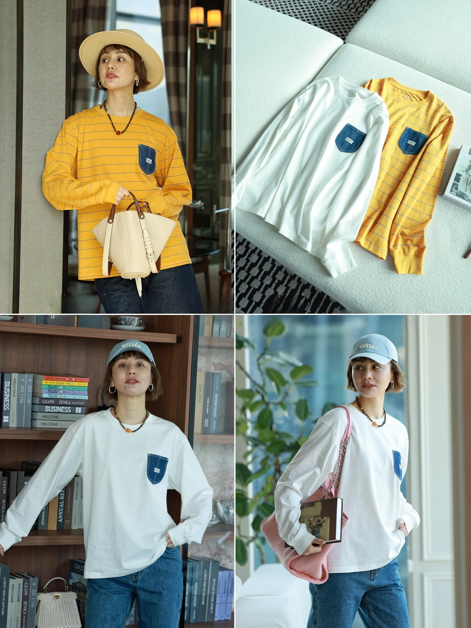 

WinnieTang Повседневная джинсовая футболка в полоску Свободная длинная футболка Sve Base Color irt Хлопок Moisture ng круглый Ne Spring Faion