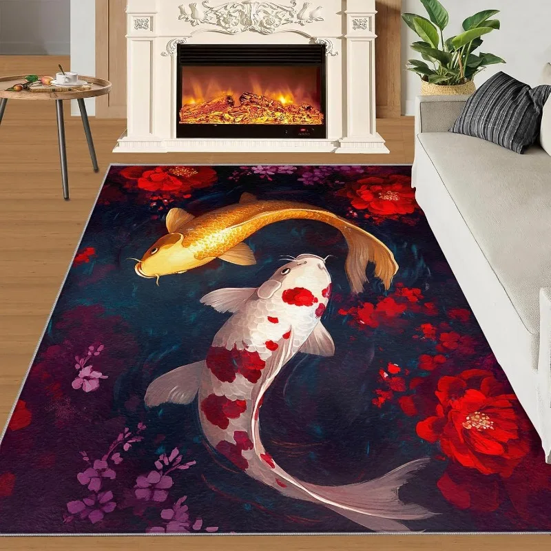 Lucky Koi Fish Floral Area Rug Non-Slip Soft Carpet Feng Shui Yin Yang Style Floor Mat Living Room Bedroom Home Decor Carpet