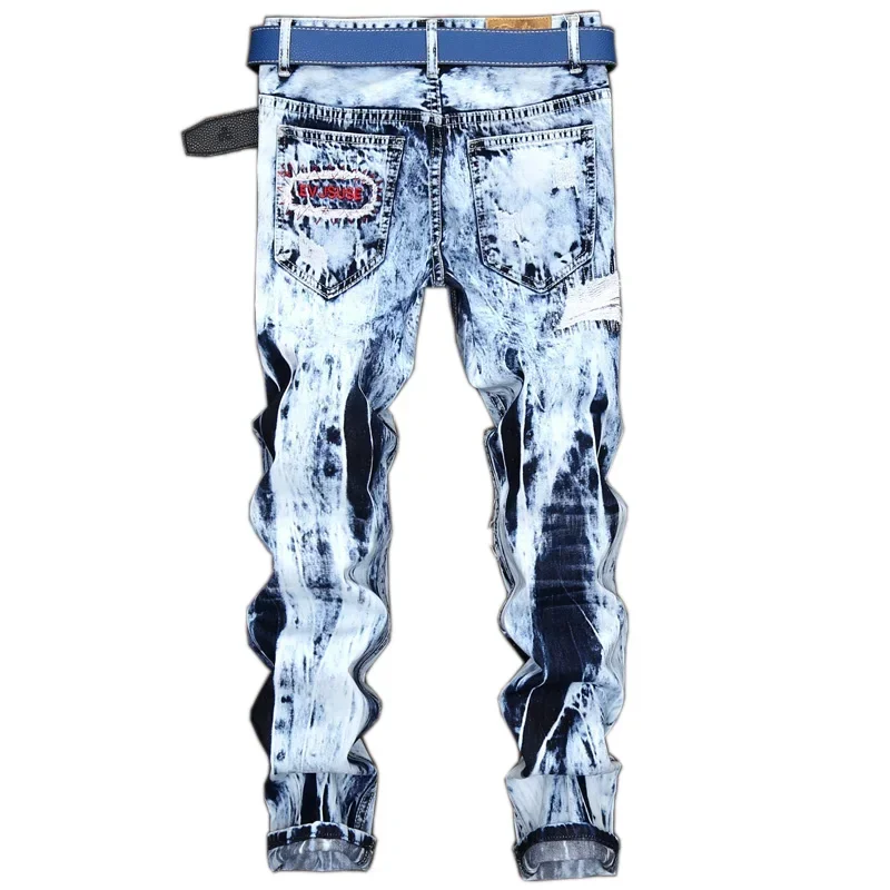 Men's Embroidered Patchwork Ripped Jeans (without Belt) Slim Fashion High Street Motorcycle Denim Pants Male Designer Clothes