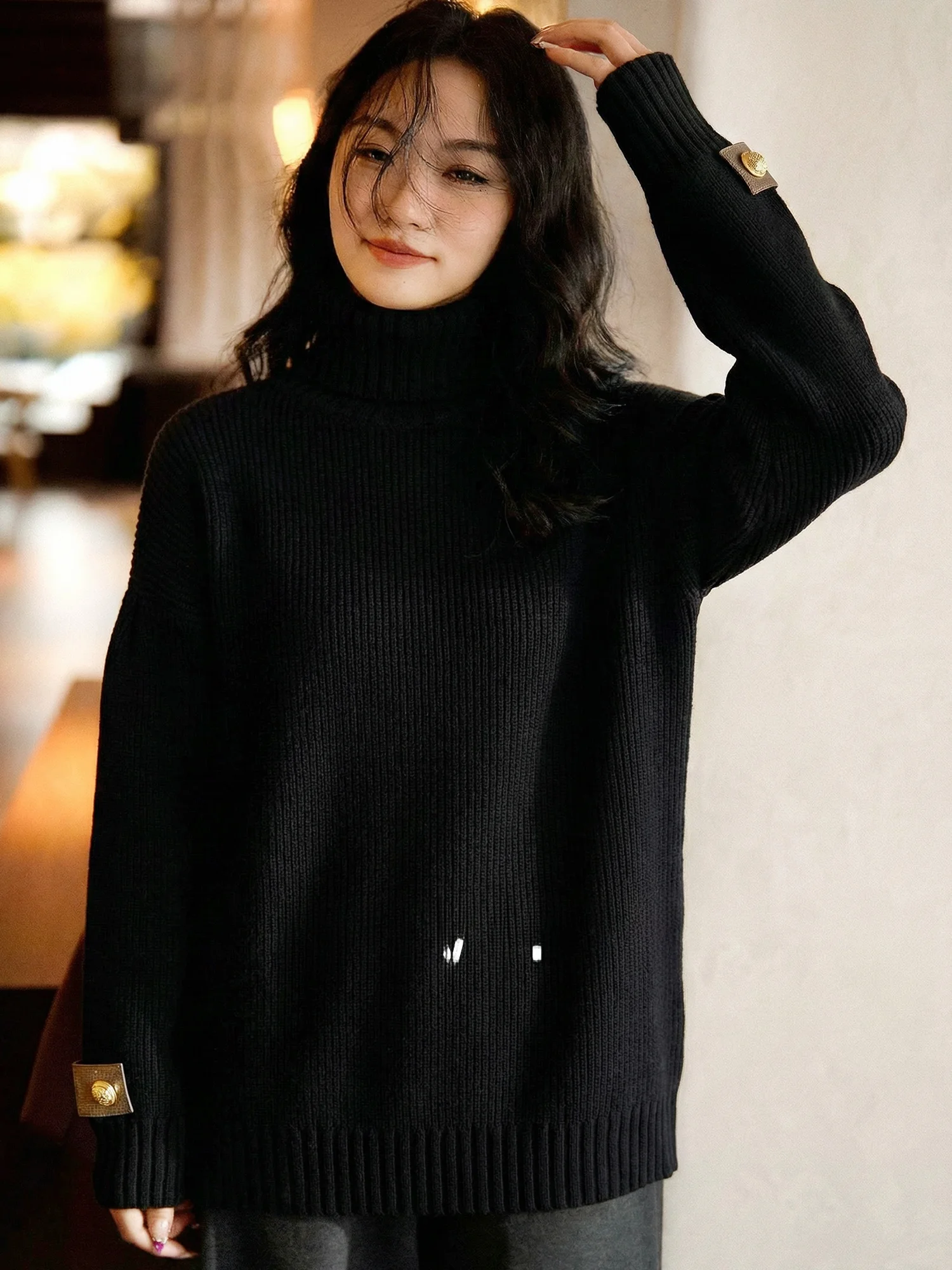 

Женский шерстяной вязаный свитер Chivirin с высоким воротником, свободного кроя, базовый слой, черный, средней длины, универсальный, осенне-зимний, модный