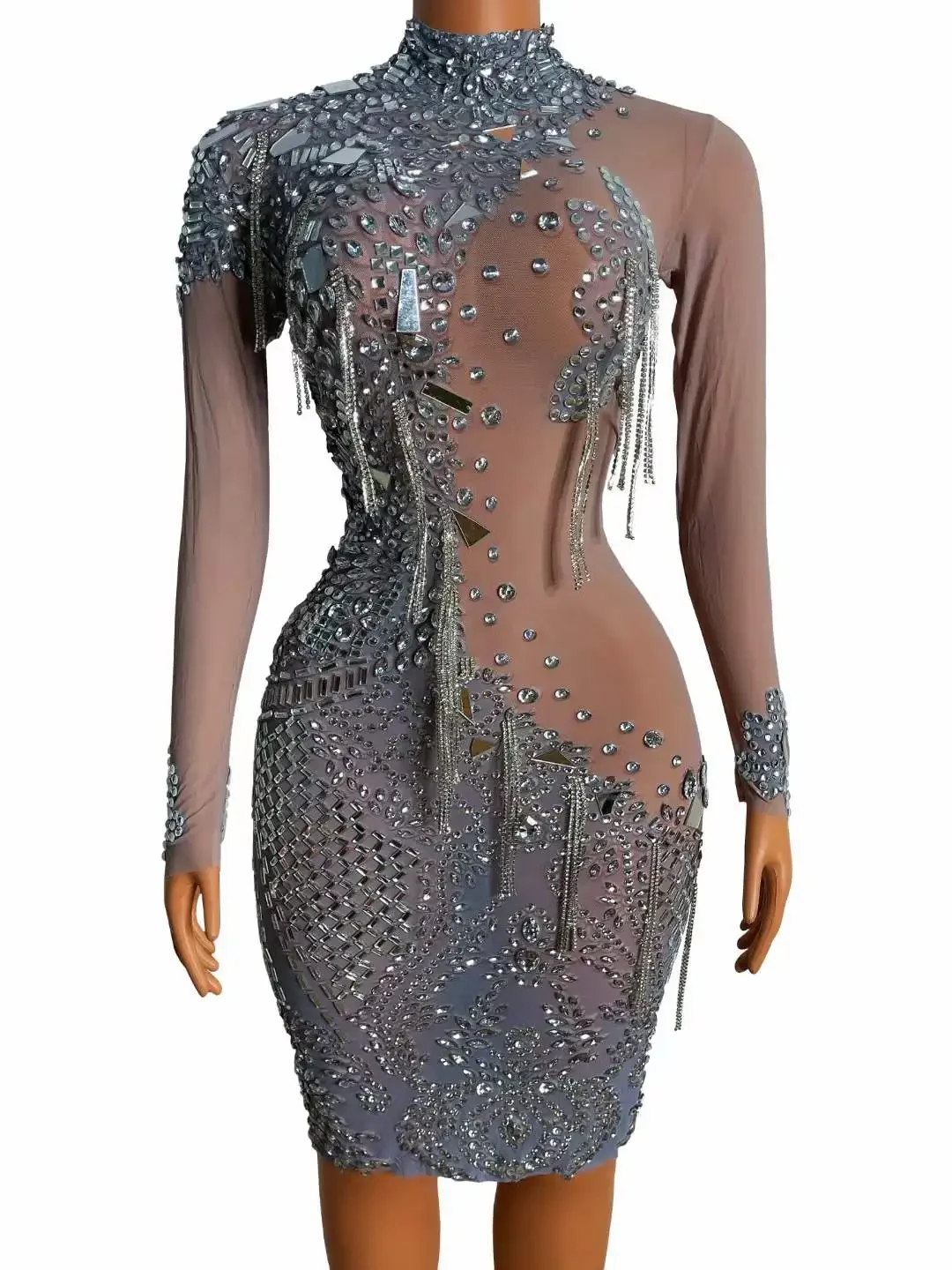 

Stunning Women Sequins Birthday Dress Rhinestone See Through Drag Queen Outfit Stage Performance Costume Evening Show