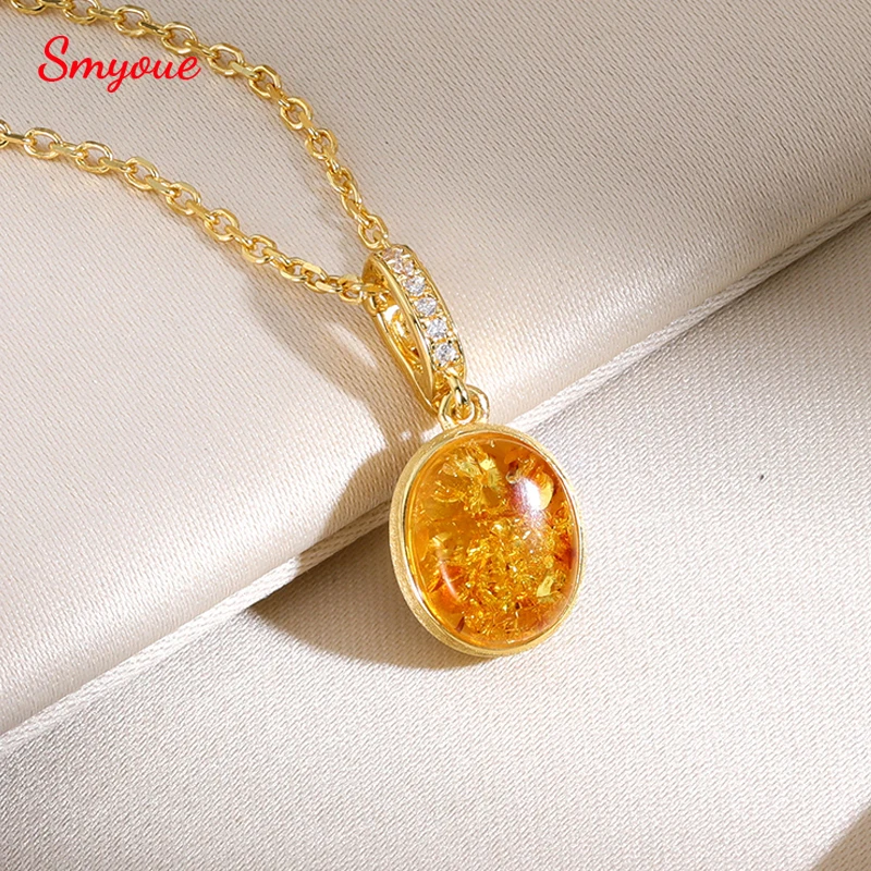 

Smyoue 14K Plated Natural Honey Amber Pendant Necklace for Women S925 Sterling Silver Italian Brushed Vintage Luxury Jewelry