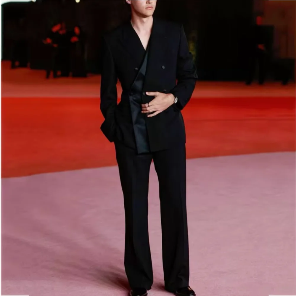 

Black Formal Men Suits Regular Length Peaked Lapel Red Carpet Wedding Groom Party Prom Custom Male Clothing 2 Piece Jacket Pants
