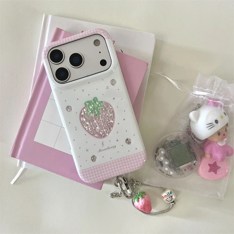 

Cute Strawberry Phone Case For iPhone 17 16 15 Pro Max Soft IMD Pink Plaid Glitter Camera Cover With Charm Chain Y2K Girls Gift