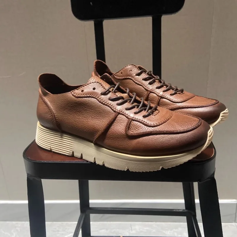 

Retro Lace-up Men Skateboarding Shoes Japanese Genuine Leather Breathable Casual Sports Shoes Thick Sole Trend Street Sneakers