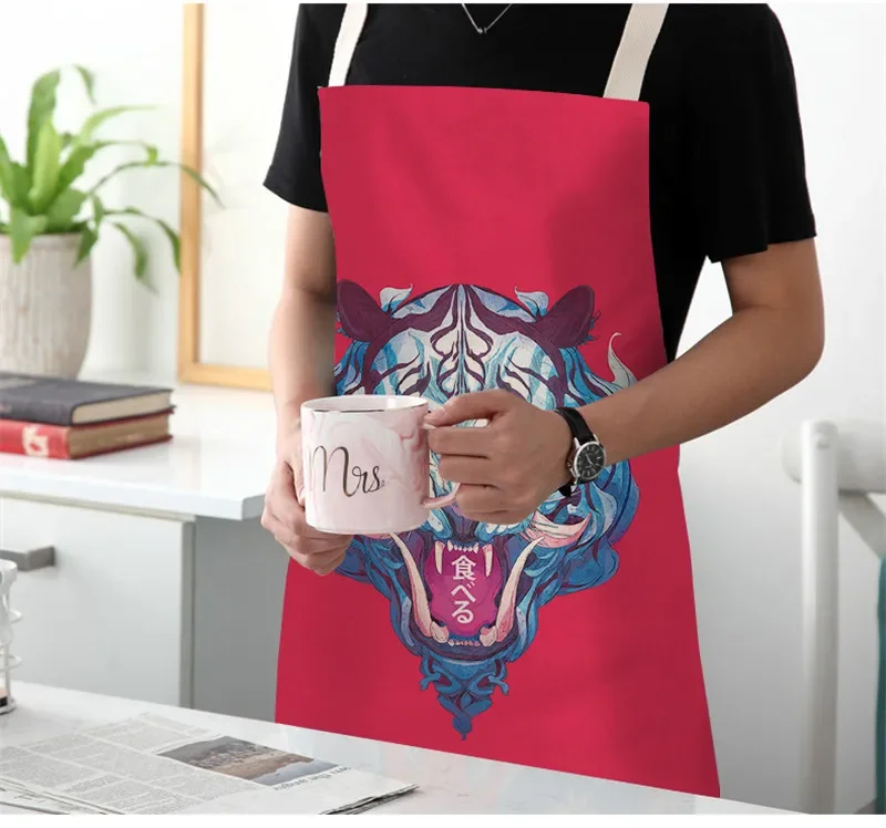 Parent-child Kitchen Apron Lion Tiger Printed Sleeveless Cotton Linen Cartoon Aprons for Men Women Home Cleaning Tools Delantal