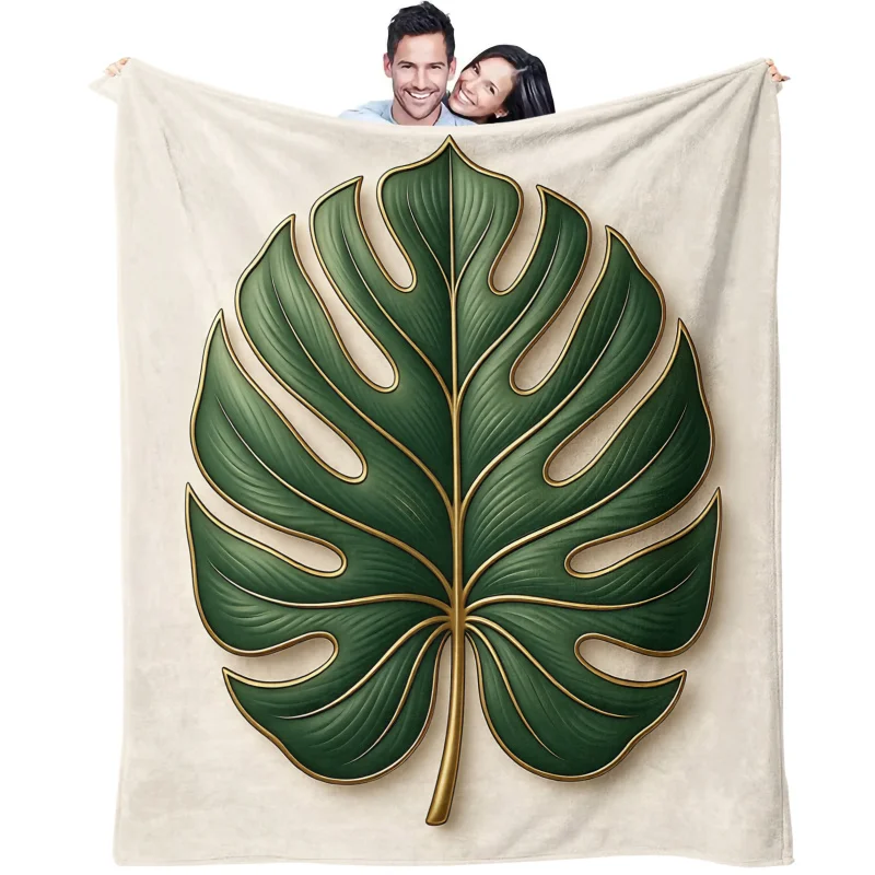 Gold Trim Tropical Leaf Print Blanket Flannel Blanket Throw Blanket Warm Gift Blanket Soft Jungle Sofa Bed Decor