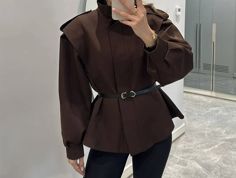 Women's Clothing 2025 Autumn New Collection Stand Up Collar Design Slim Fit and Irregular Short Windbreaker Jacket