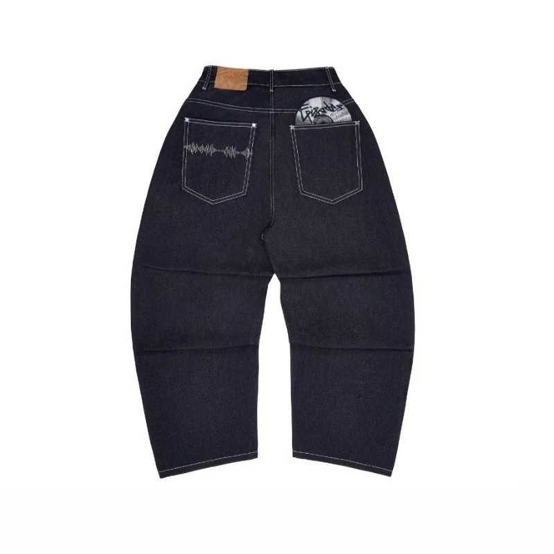Y2K HipHop Chic Denim Jeans Trendy Disc Embroidered Pattern Retro Straight Leg Pants Casual Simple Streetwear Unisex Baggy Jeans view 2