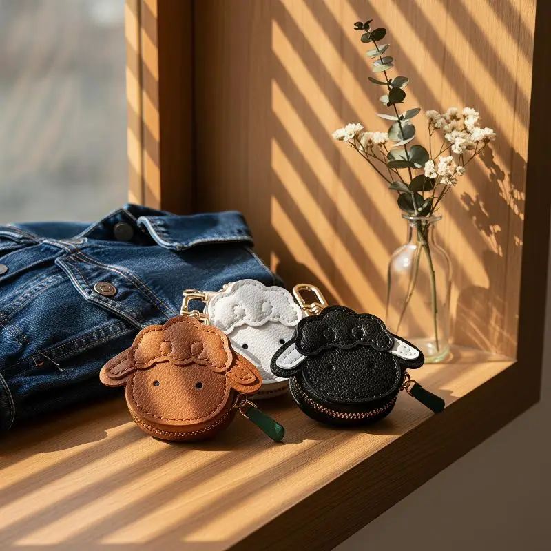 Niedliche Schaf-förmige PU-Leder-Münzbörse mit glattem Reißverschluss, robustem Schlüsselanhänger, ideal für den täglichen Gebrauch, Taschendekoration, kleines Geschenk. – Detail 15
