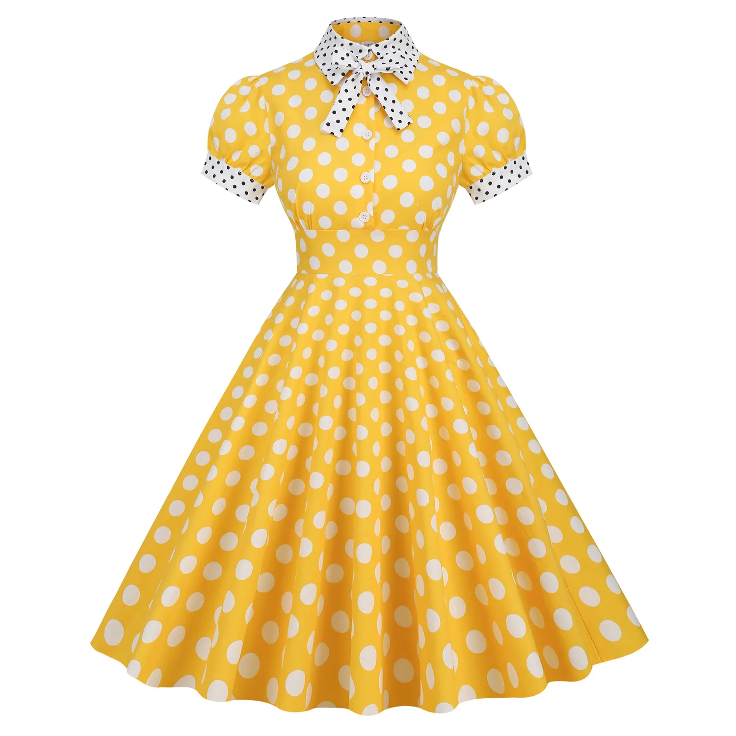 Vintage Contrasting Color Shirt Collar Polka Dot Retro Big Swing Fluffy Slimming Photo Bridesmaid Casual Party Dress