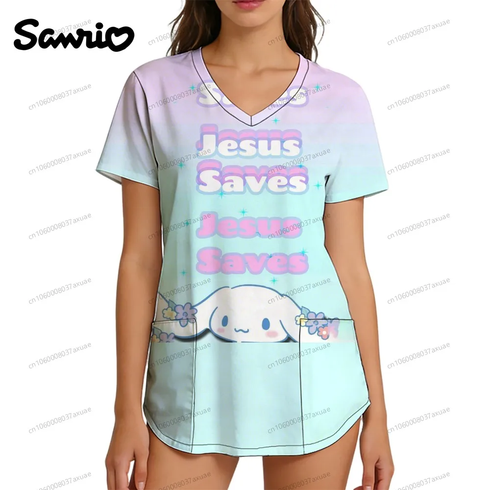 

Cute Cartoon Women's T-shirt New Arrivals Nurse Uniform Woman Tops V Neck Streetwear Clothing Kawaii Sanrio Cinnamoroll Workwear