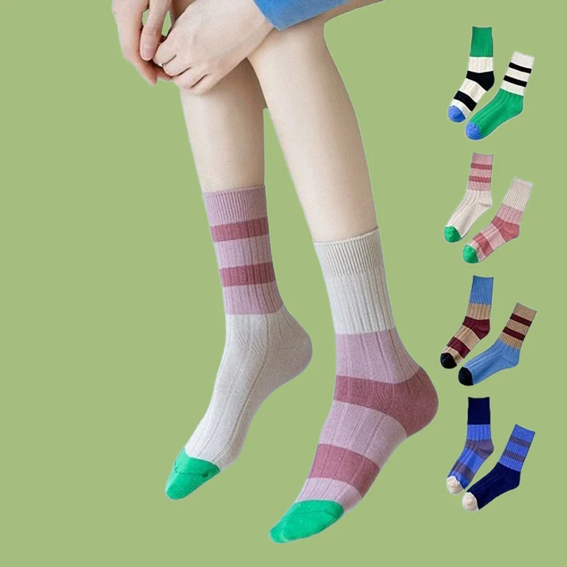 

3/6 Pairs High Quality Thin Striped Socks New Fashion Asymmetric Trendy Women's Socks Mid-tube Socks Men's Women's Casual Socks